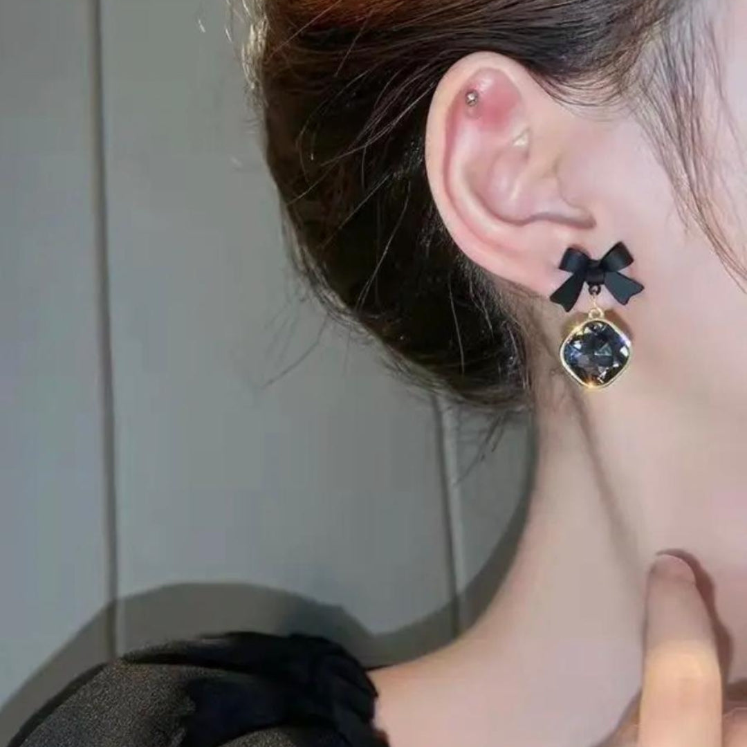 Black Bow Crystal Earrings