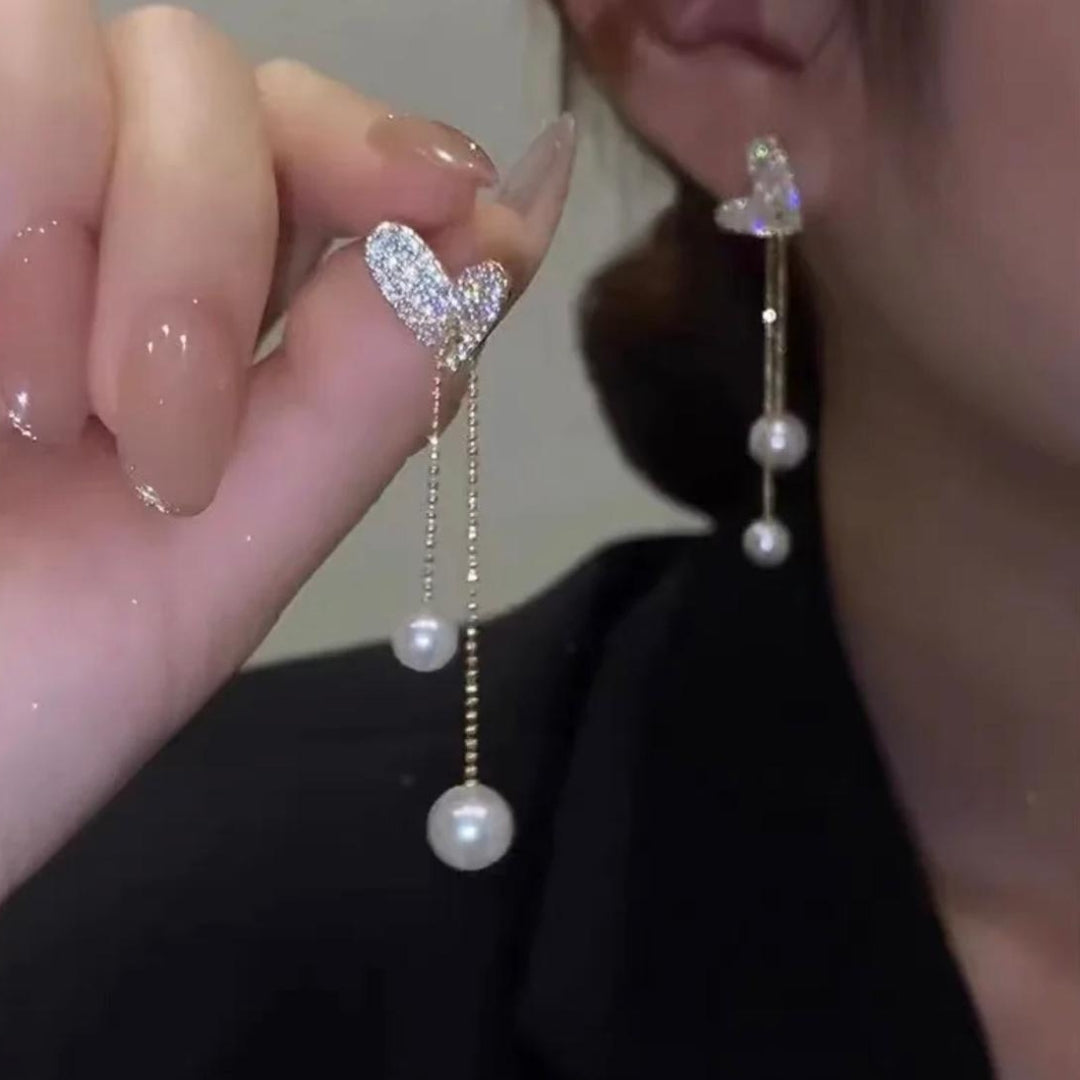 Diamond Heart Shaped Pearl Earrings