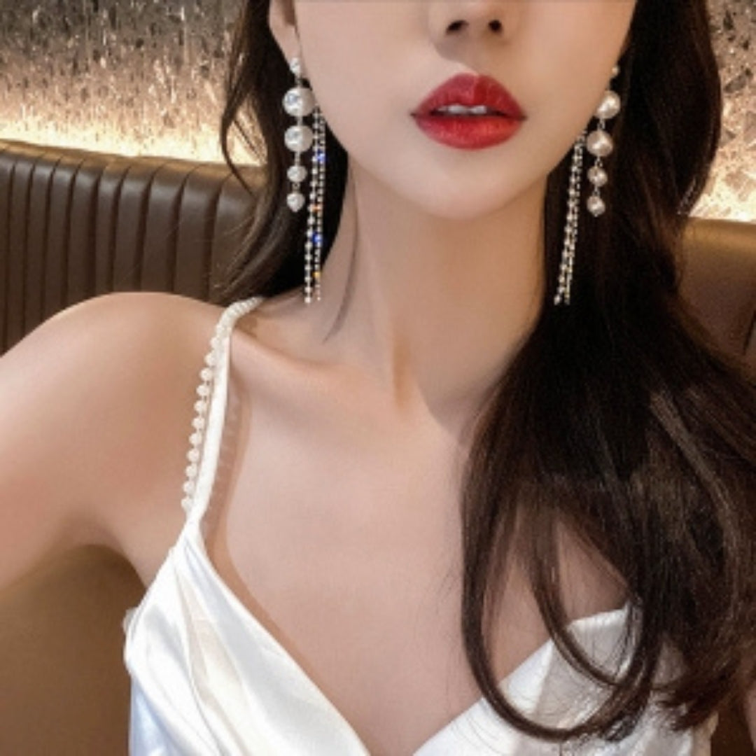 Korean Full Crystal Pearl Long Earring