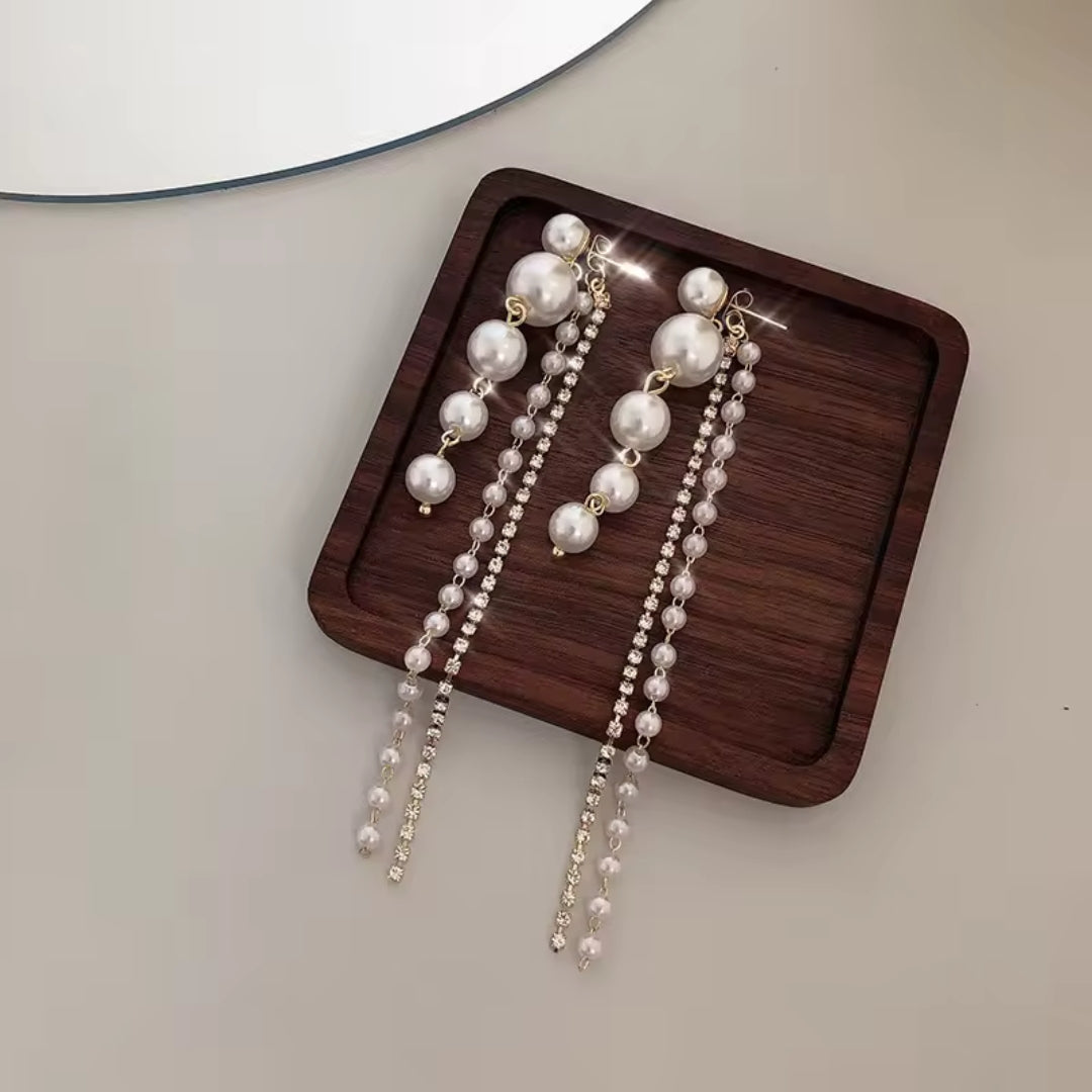 Korean Full Crystal Pearl Long Earring