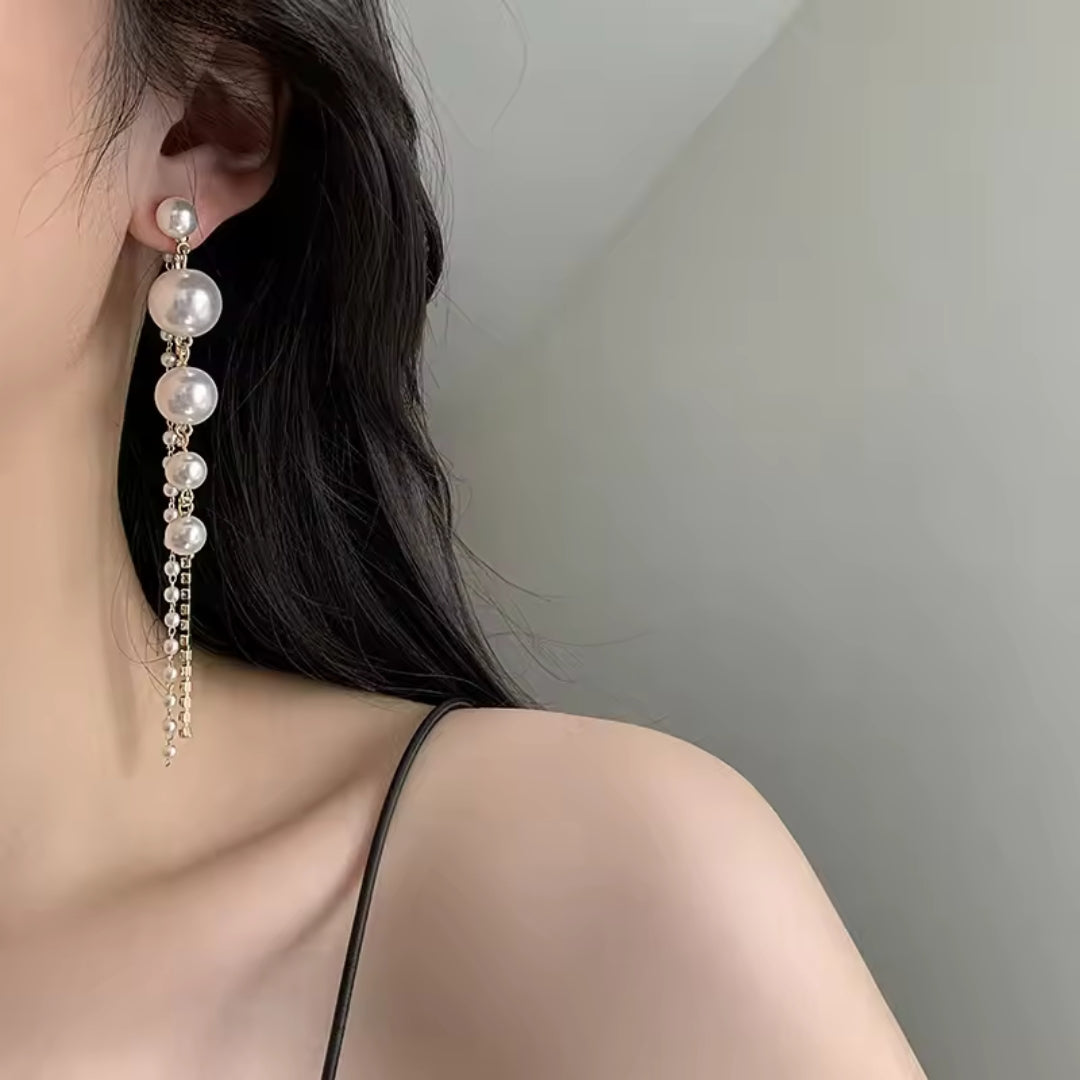 Korean Full Crystal Pearl Long Earring