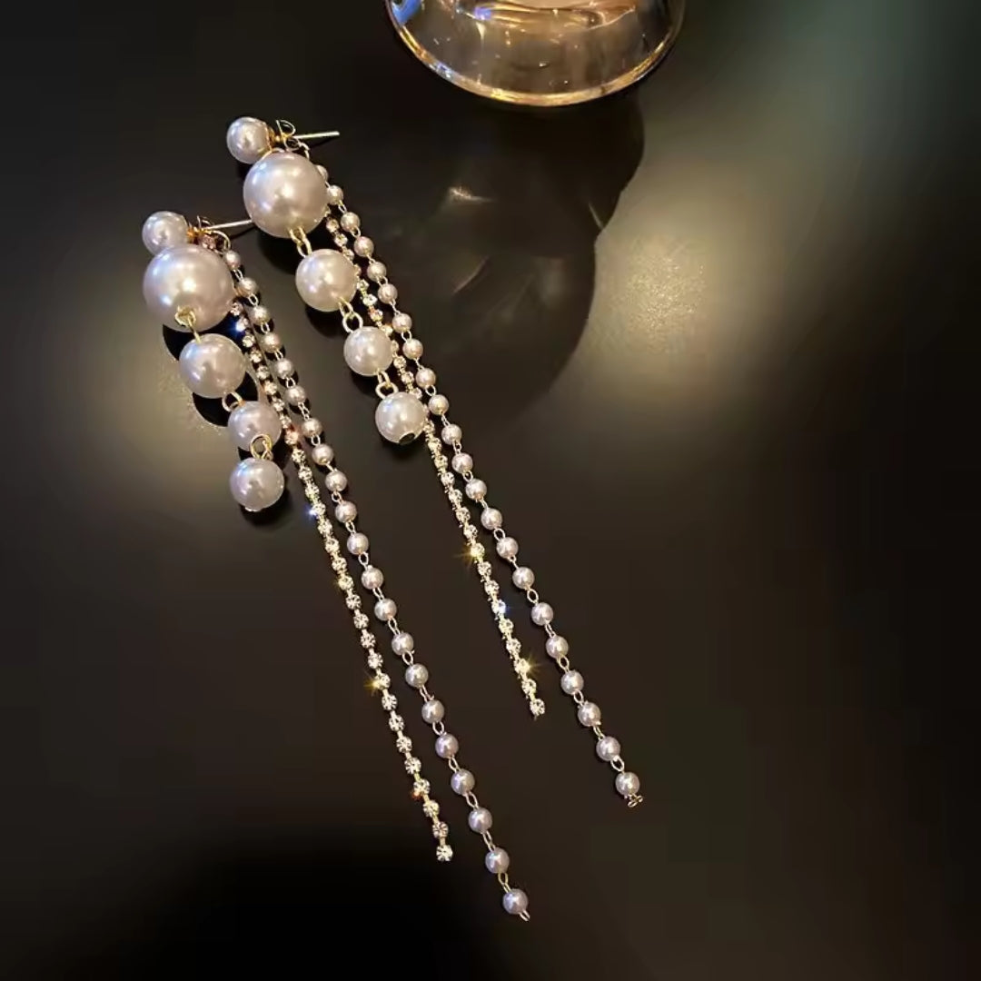 Korean Full Crystal Pearl Long Earring
