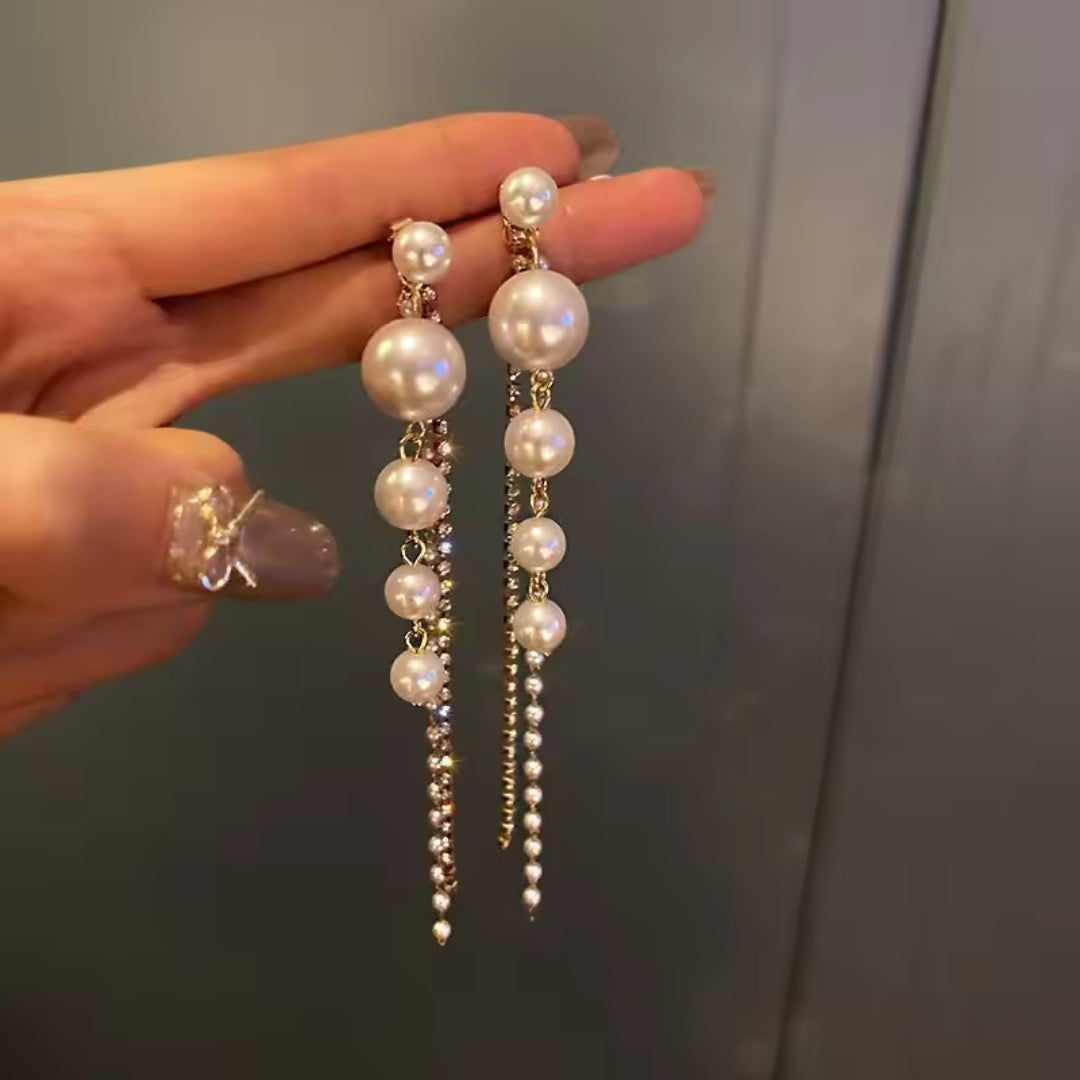 Korean Full Crystal Pearl Long Earring