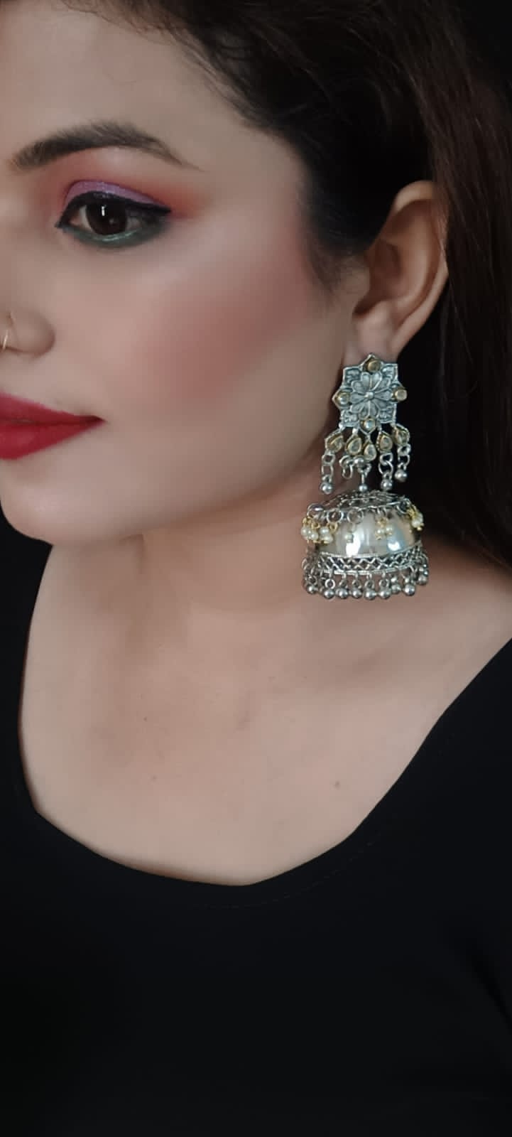 oxidised mirror jhumka earring