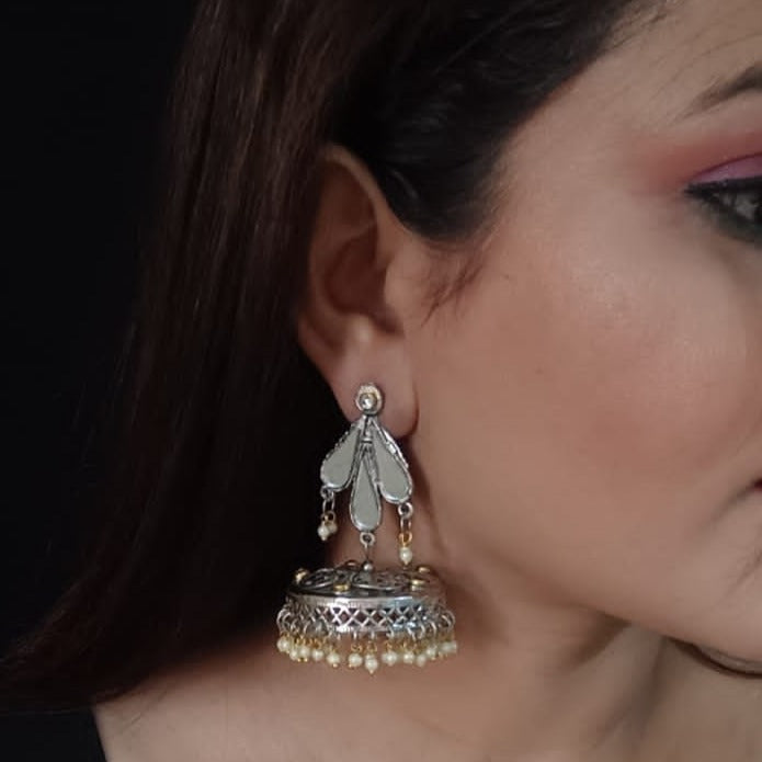 Oxidised mirror jhumka earrings