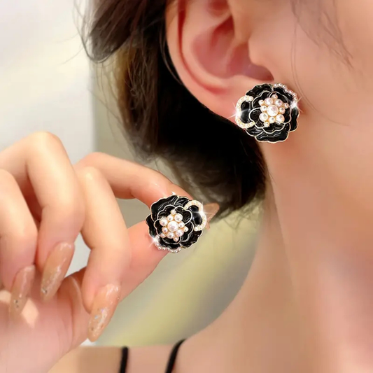 Black Pearl Rose Flower Earrings