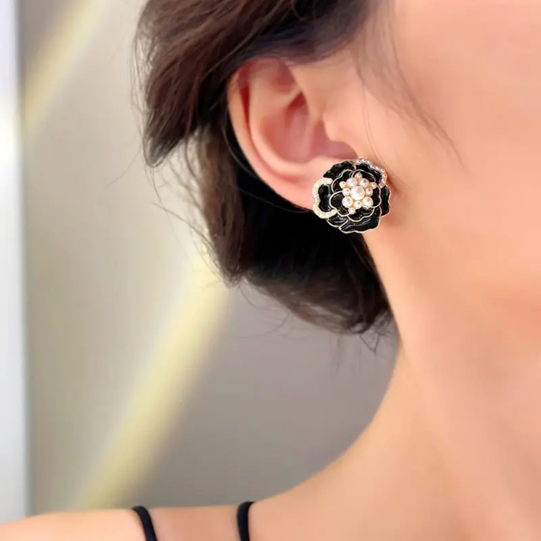 Black Pearl Rose Flower Earrings
