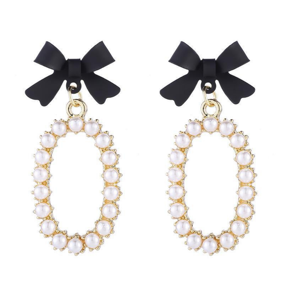 Black ribbon pearl earring