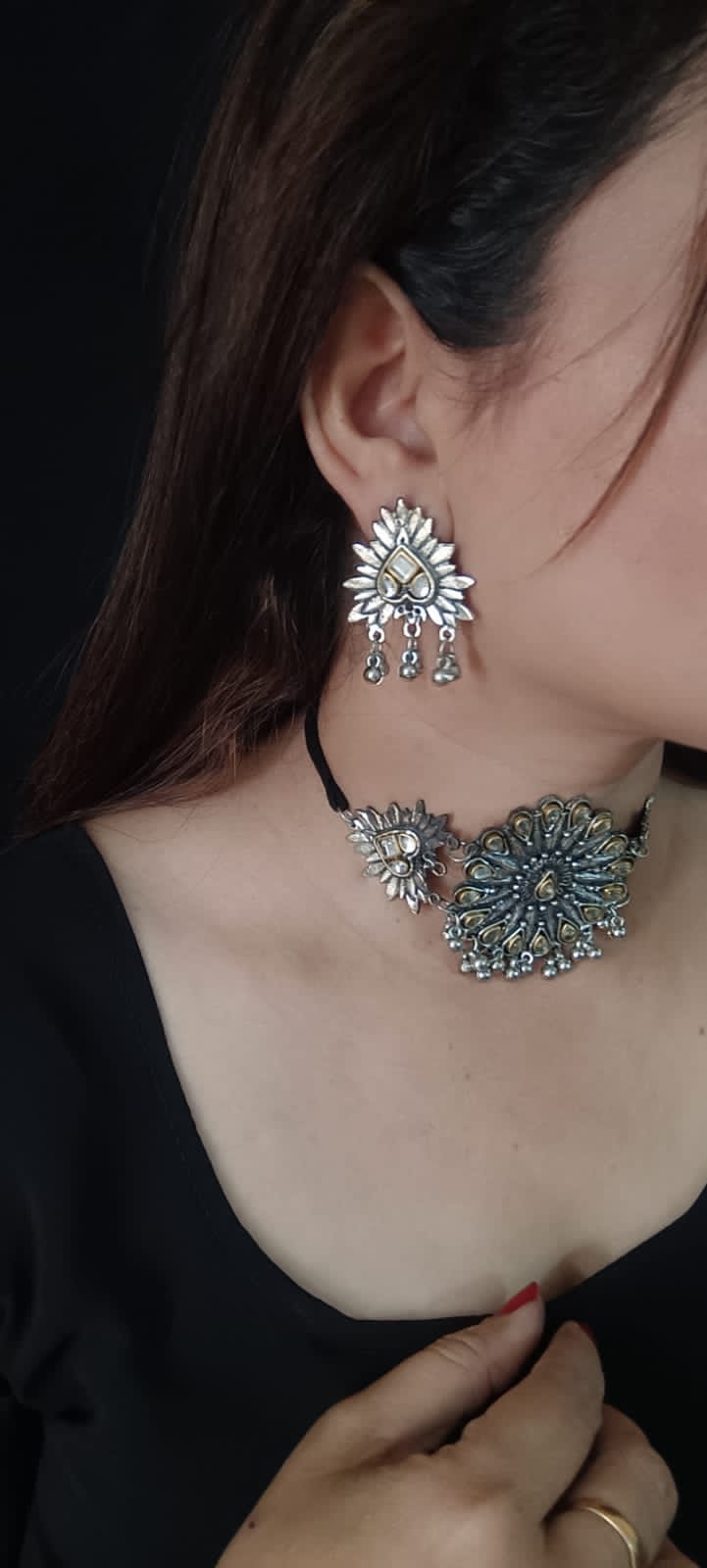 oxidised 3 pendant choker sets