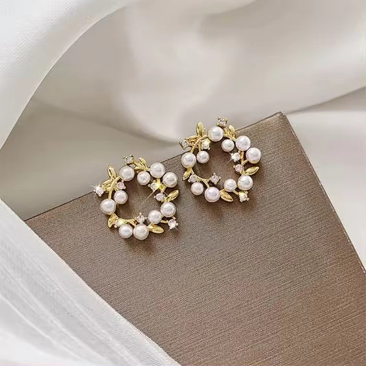 Gold Finish Floral Pearl Hoop Earrings