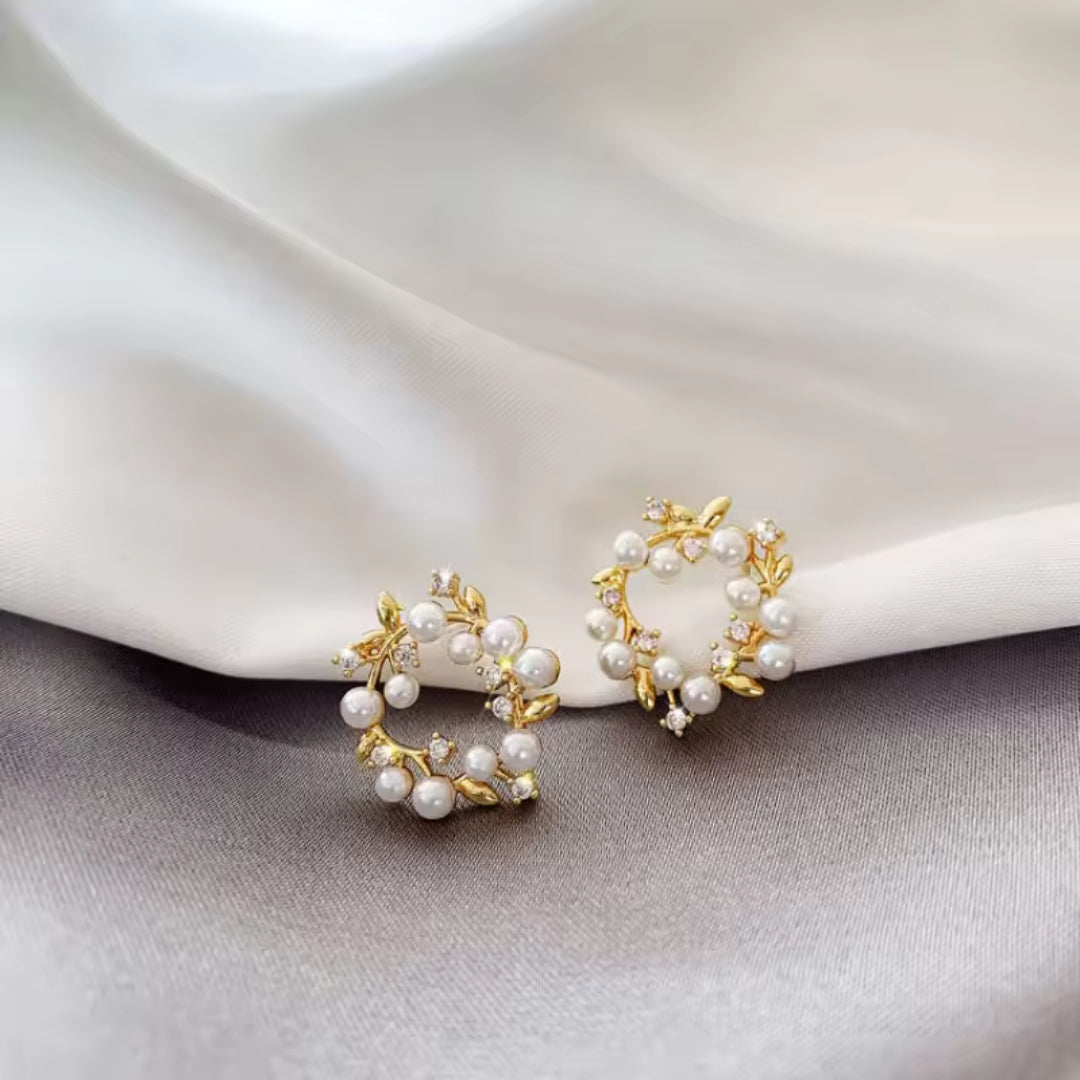 Gold Finish Floral Pearl Hoop Earrings