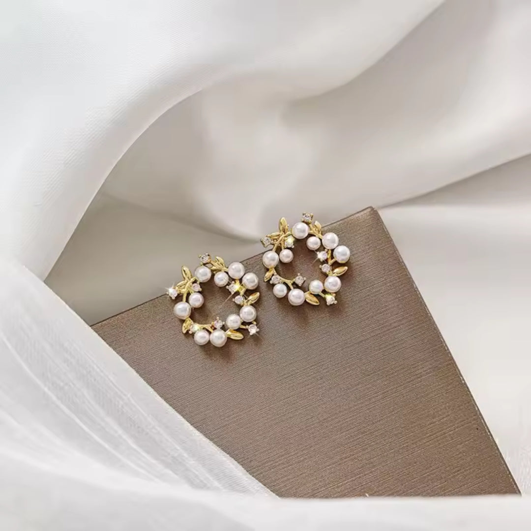 Gold Finish Floral Pearl Hoop Earrings