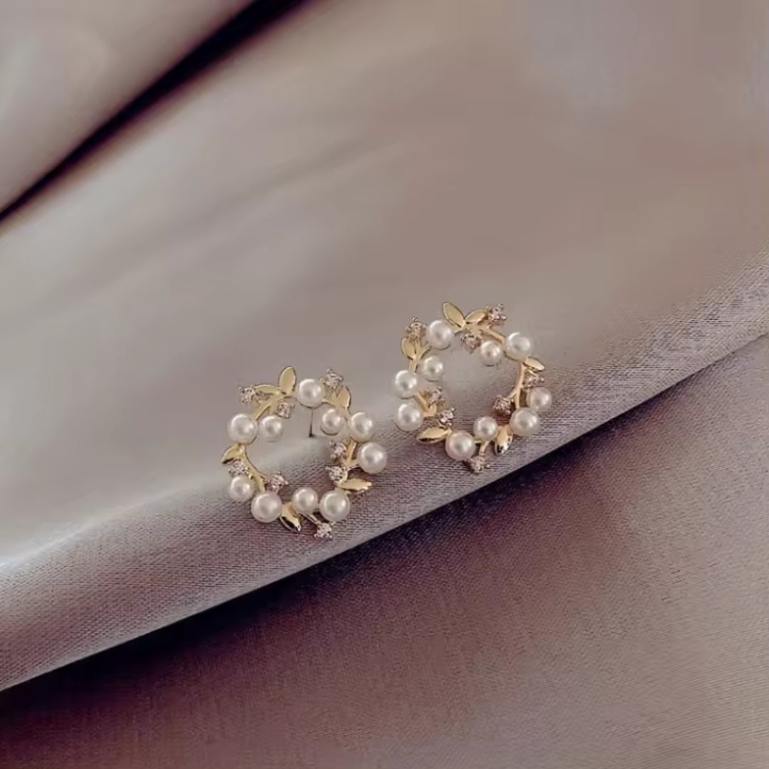 Gold Finish Floral Pearl Hoop Earrings