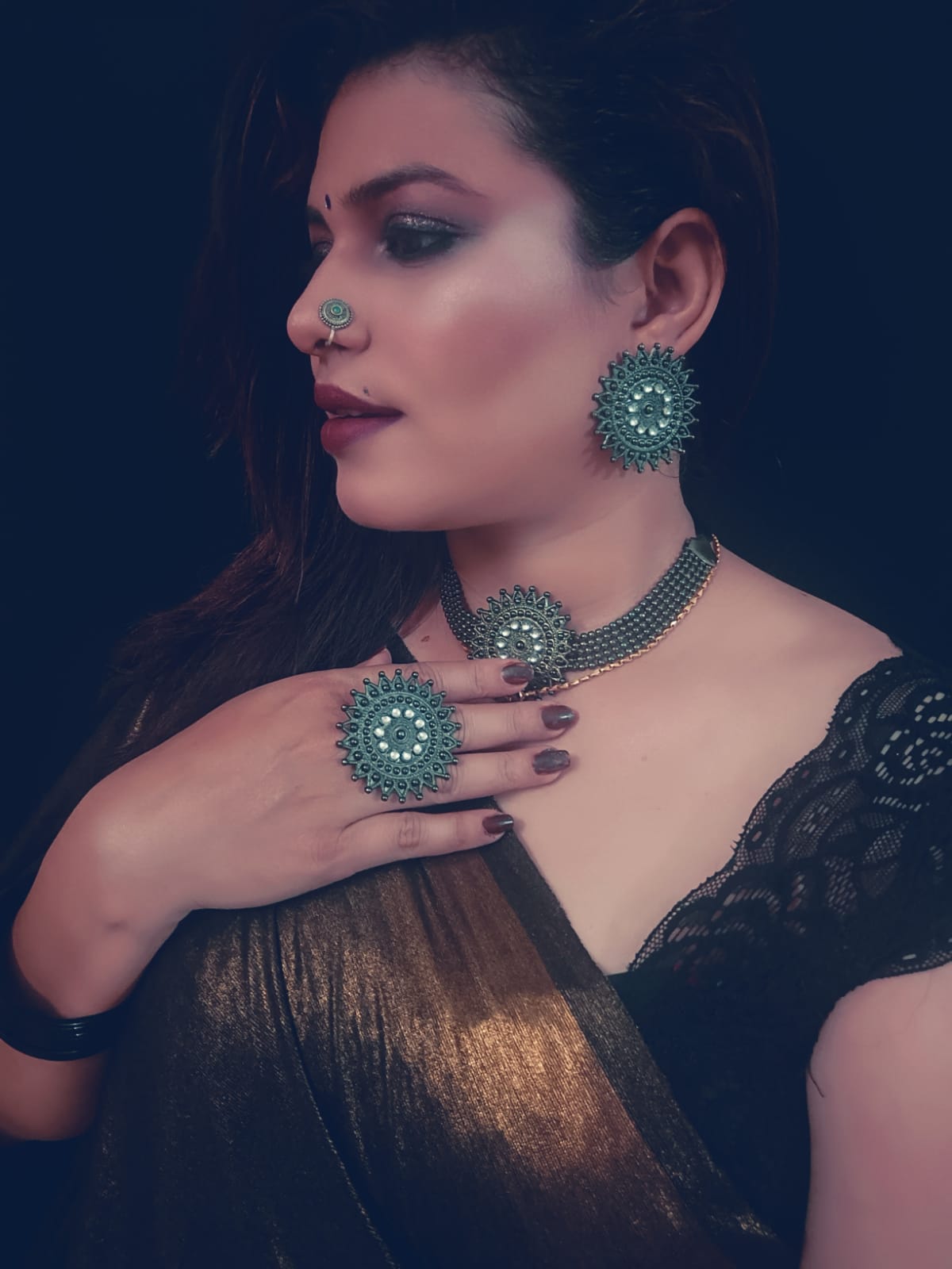 Flower Oxidised Silver Earring Set