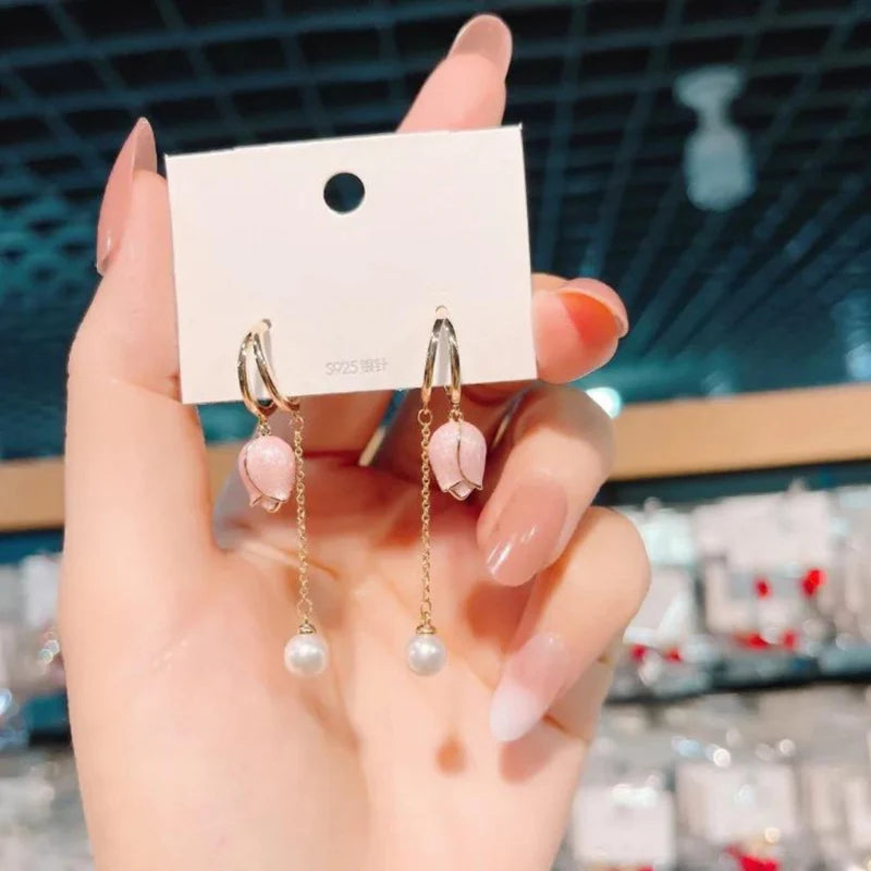 Rose Gold Contemporary Pearl Drop Earrings
