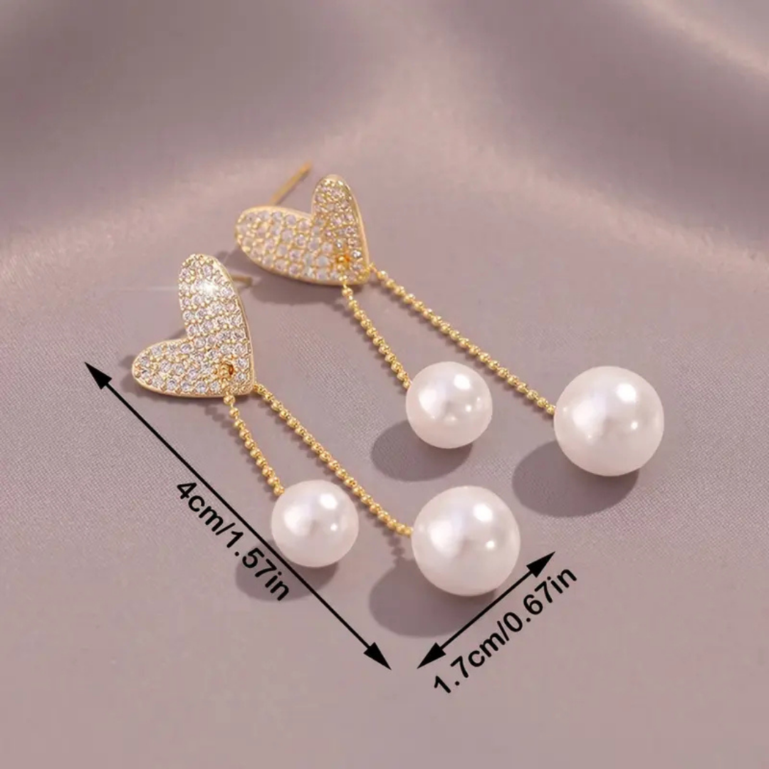 Crystal Heart Pearl Drop Earrings