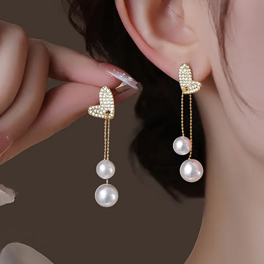 Crystal Heart Pearl Drop Earrings