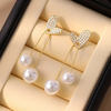 Crystal Heart Pearl Drop Earrings