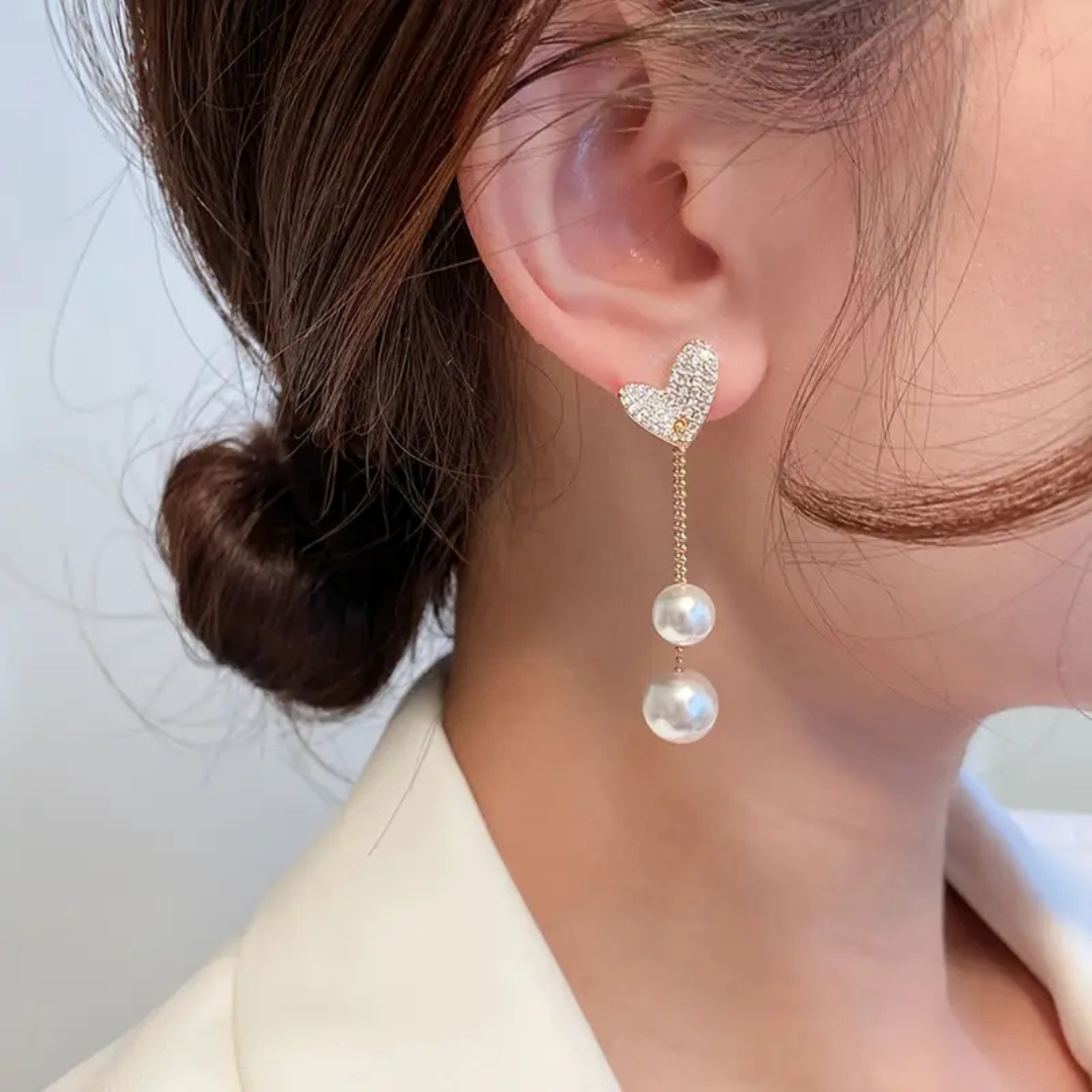 Crystal Heart Pearl Drop Earrings