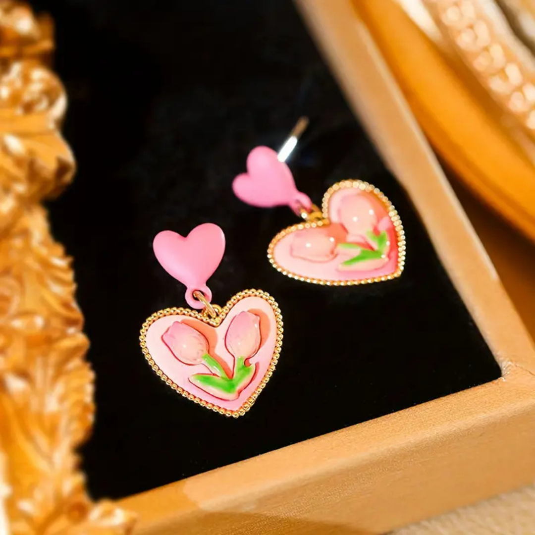Pink Tulip Heart Earrings