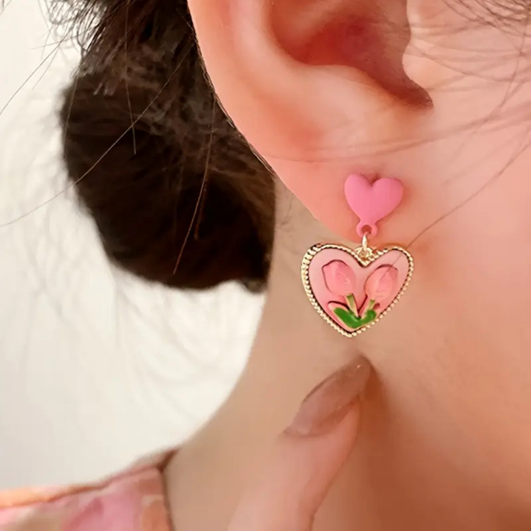 Pink Tulip Heart Earrings