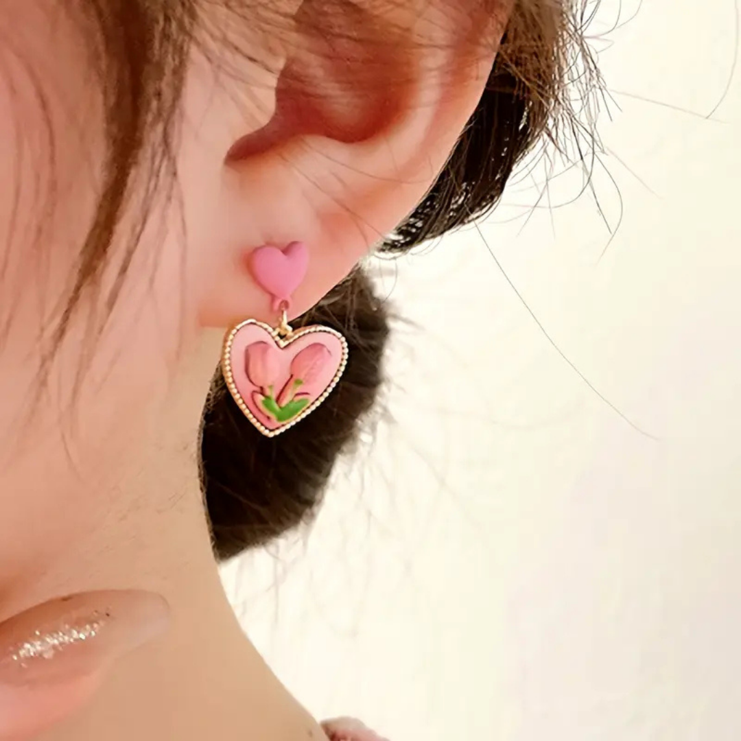 Pink Tulip Heart Earrings