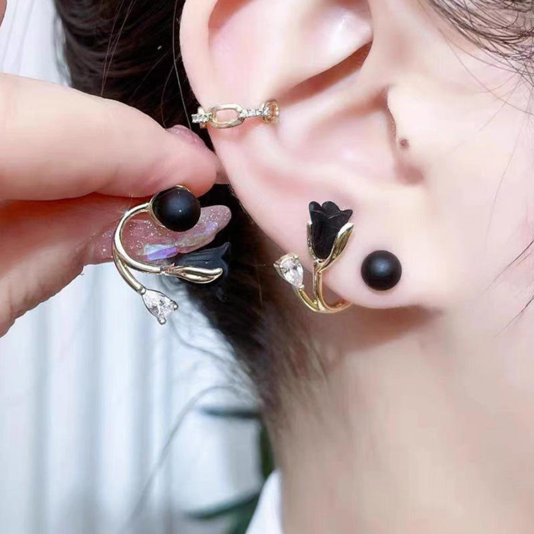 Black Rose Flower Stud Earrings