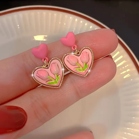 Pink Tulip Heart Earrings