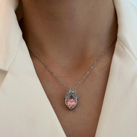 pink crown heart necklace