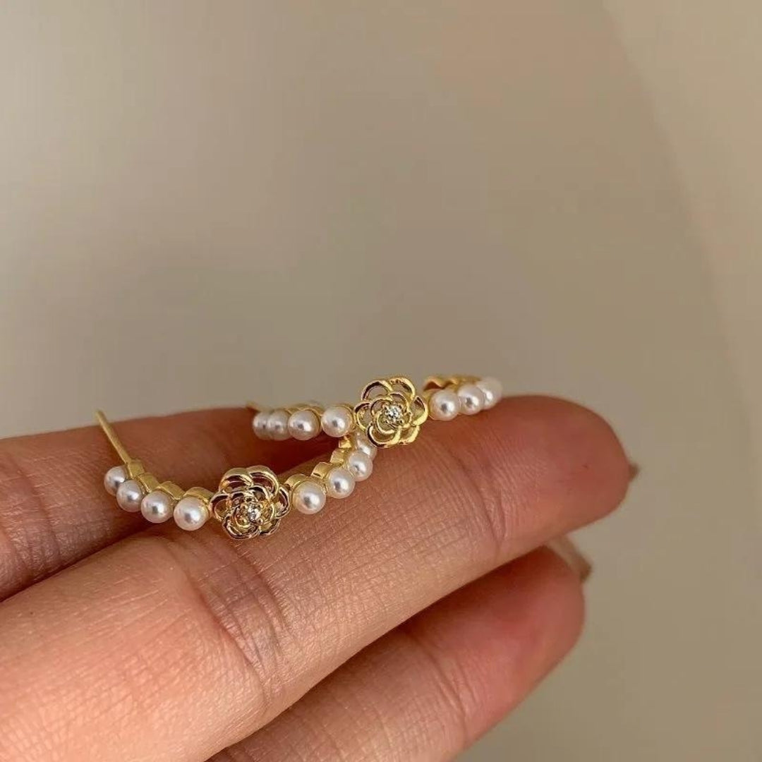 Pearl Gold Flower Earrings