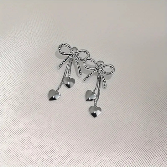 Amazing Silver Bow Heart Earrings