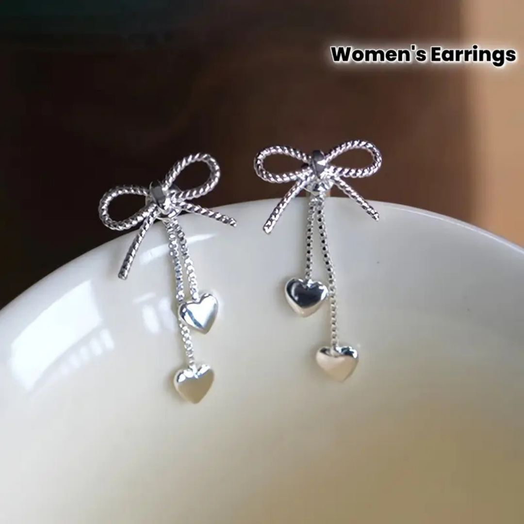 Amazing Silver Bow Heart Earrings