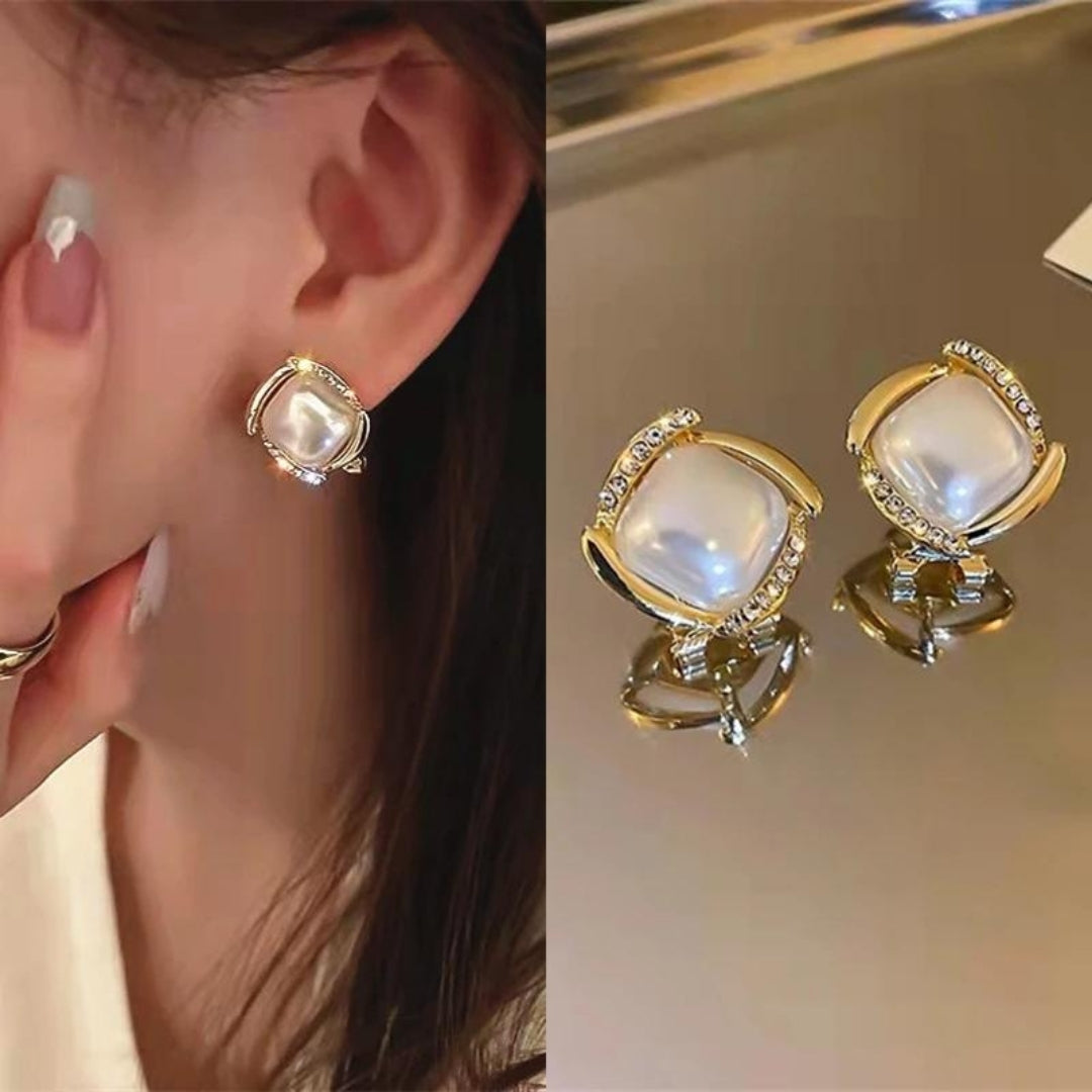 Gold Pearl Square Earrings