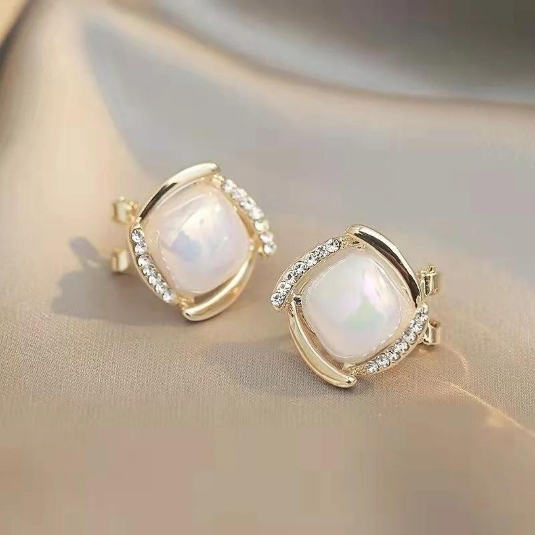 Gold Pearl Square Earrings