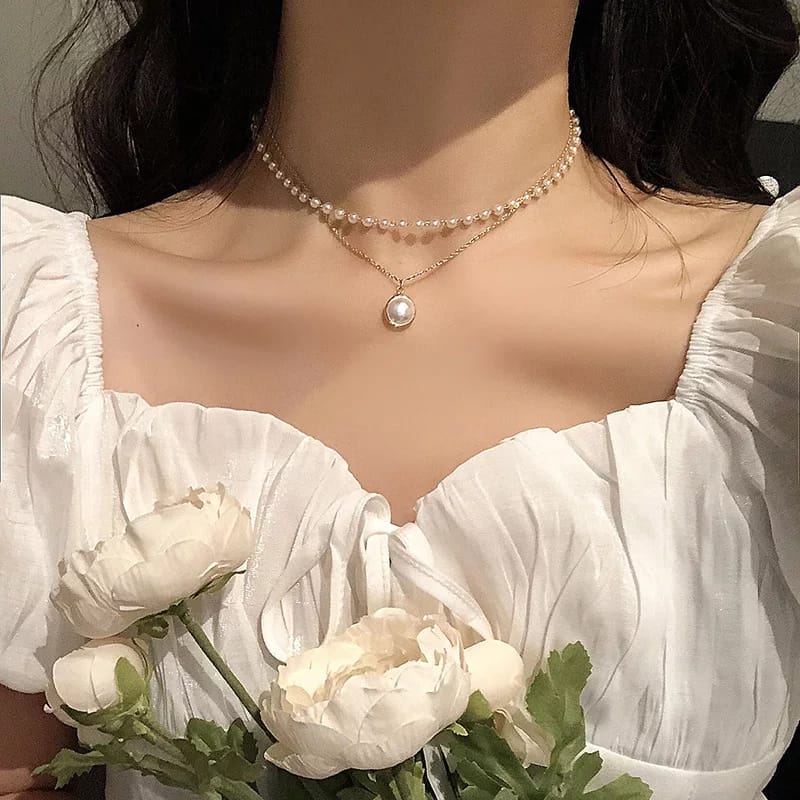 Gold Plated Pearl Double Layered Pendant Necklace