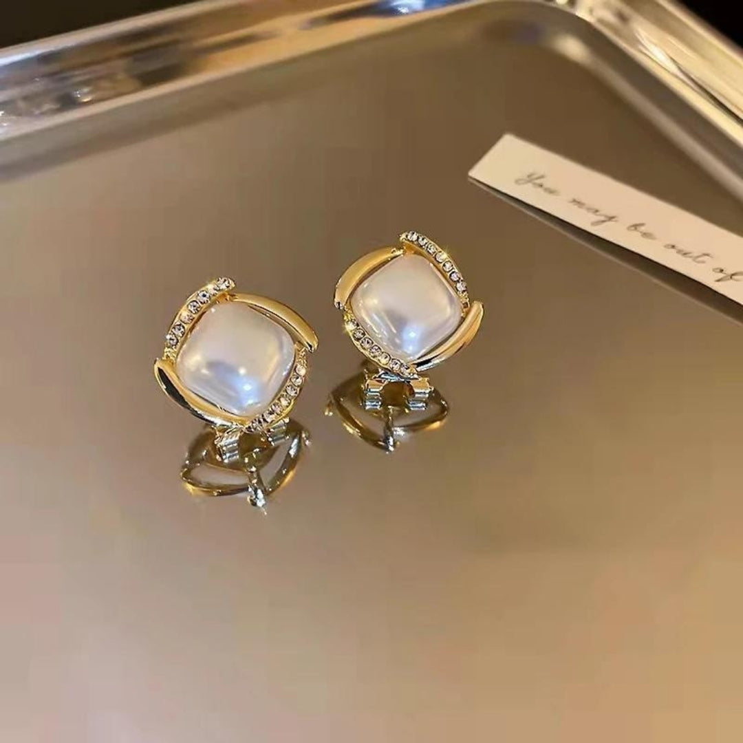 Gold Pearl Square Earrings