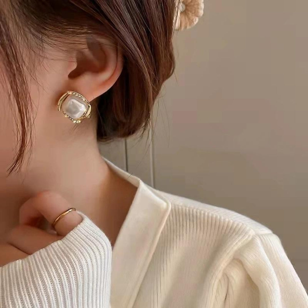 Gold Pearl Square Earrings