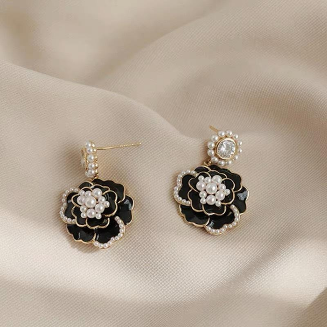 Black Pearl Rose Flower Earrings