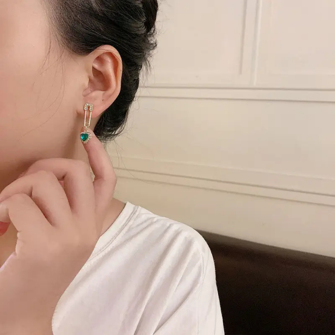 Green Stone Heart Design Drop Earrings
