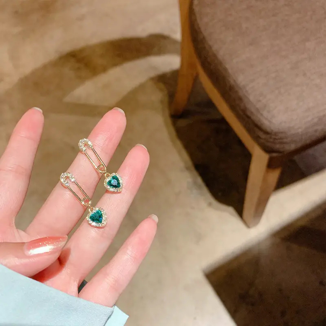Green Stone Heart Design Drop Earrings