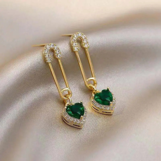 Green Stone Heart Design Drop Earrings