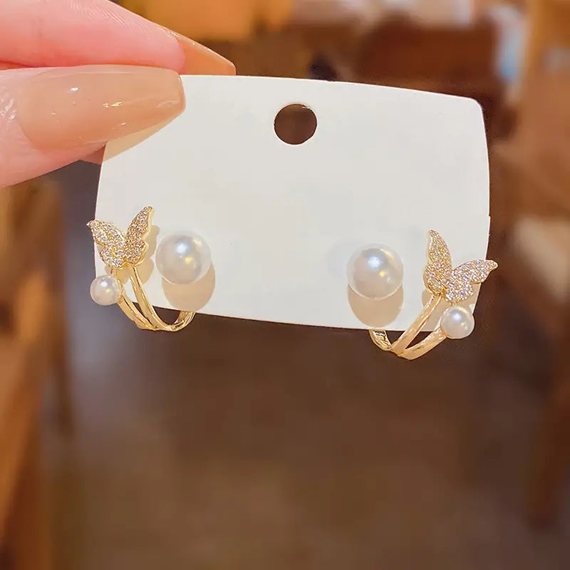Korean Butterfly Pearl Stud Earrings