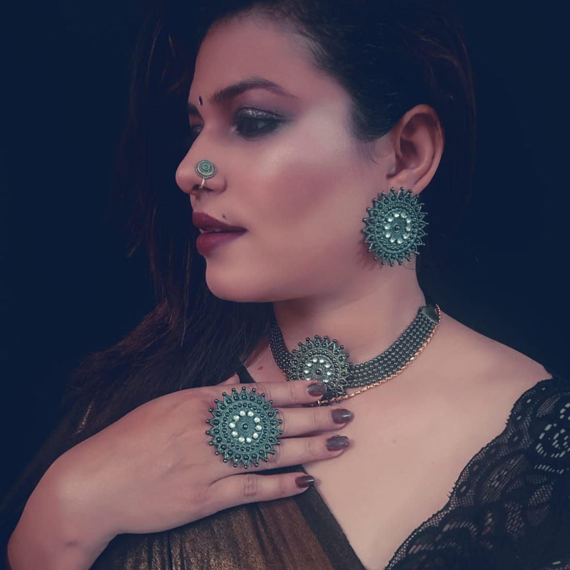 Flower Oxidised Silver Earring Set