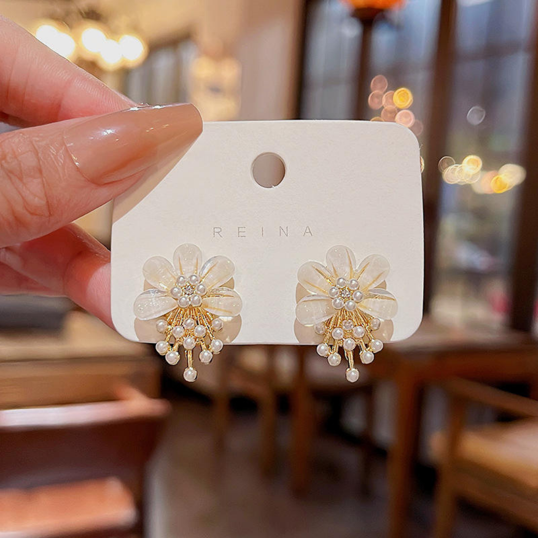 White Pearl Flower Earrings