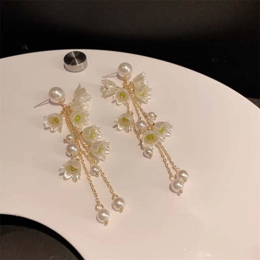White bell long earrings