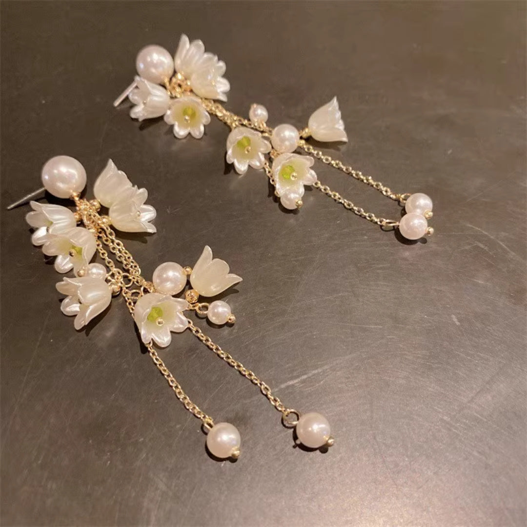 White bell long earrings