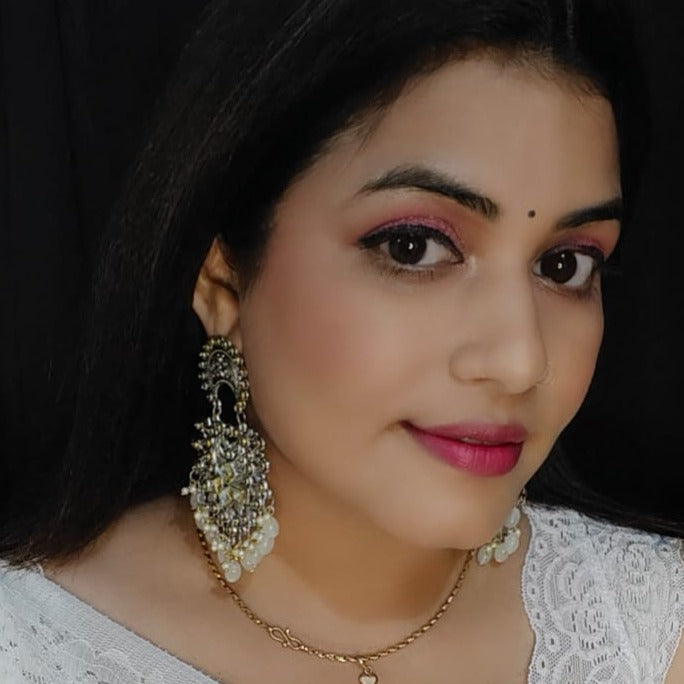 Silver oxidised Pearl Moti jhumki Earrings