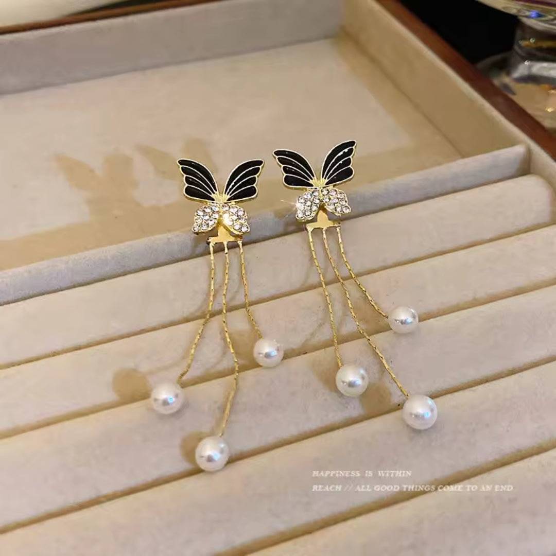 Butterfly & Pearls Drop Earrings