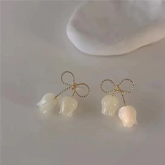 Bow Flower White Stud Earrings