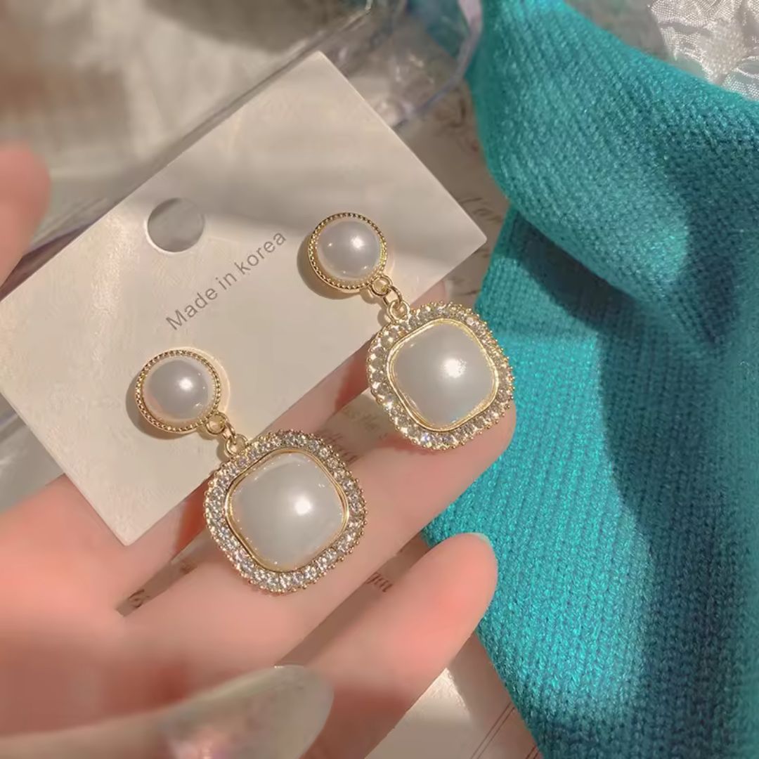 White Square Pearl Earrings